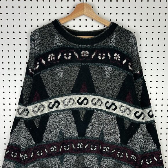 Expressions Abstract Aztec Knit‎ Sweater Large Black Multicolor Chunky Cosby 90s - Picture 2 of 7